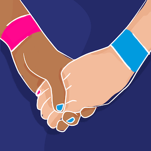 Two people holding hands on a dark blue background