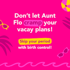 Skip your period with birth control! Pink tropical background with sunglasses.